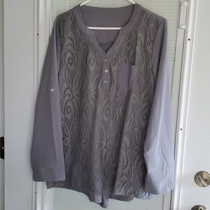 V-Neck Cuffed Sleeve Floral Lace Blouses